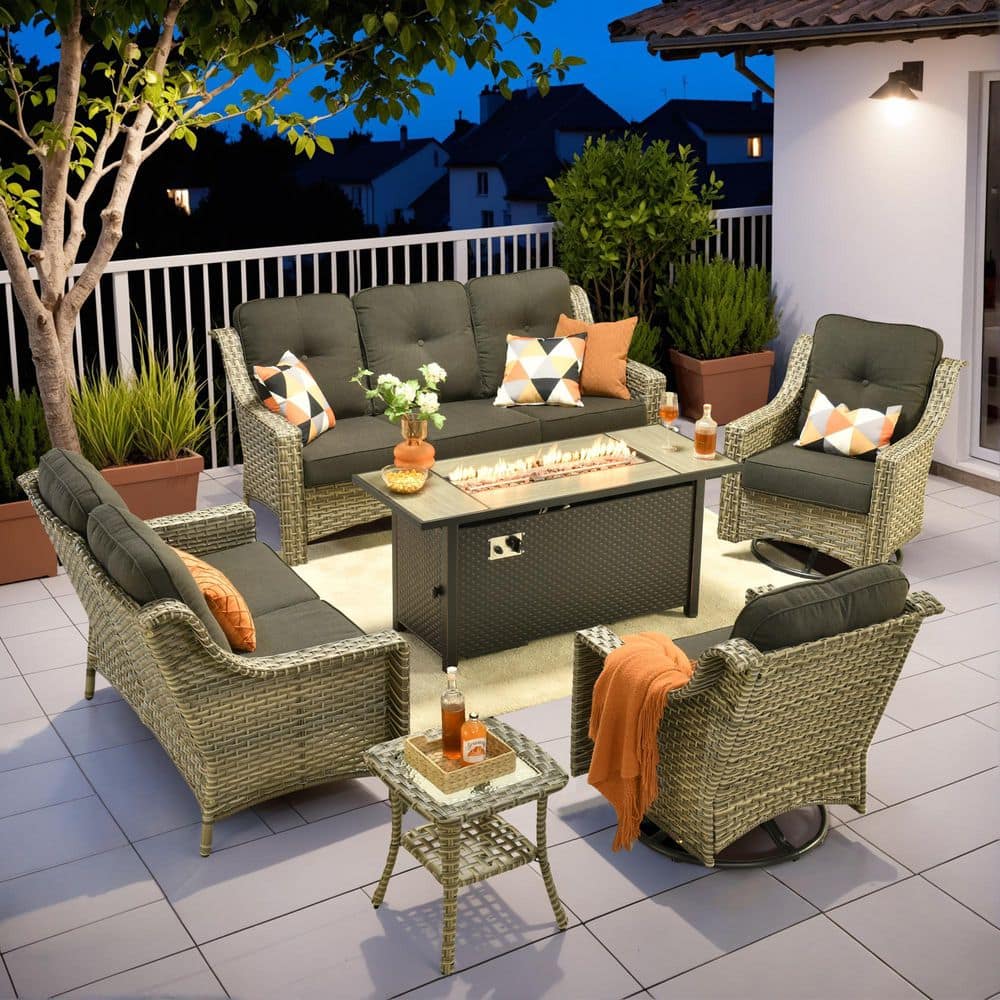 Tulip P 6-Piece Wicker Patio Fire Pit Conversation Set with Black Cushions and Swivel Chairs price history on PriceWatchPro