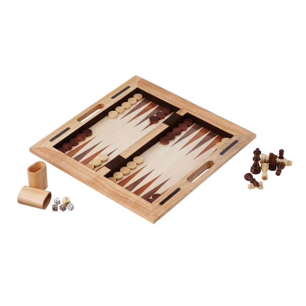 Natural and Dark Brown Wooden 3-in-1 Chess, Checkers, Backgammon Set