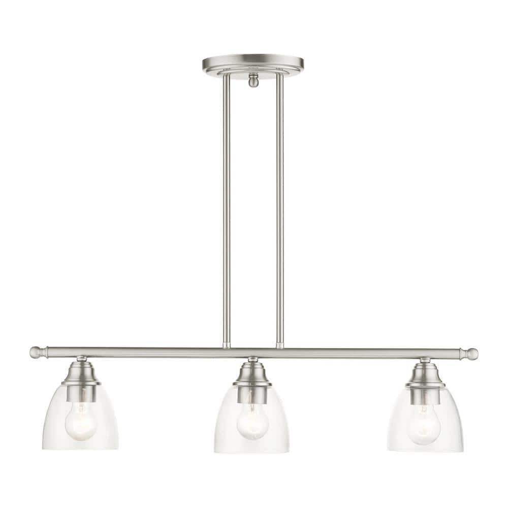 Elegant Brushed Nickel 3-Light Linear Chandelier with Hand-Blown Glass Shades