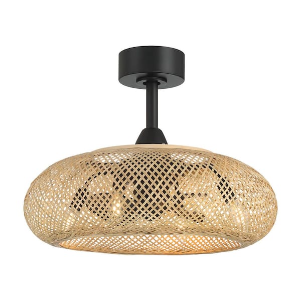 Bayneswood 22 in. 4-Light Indoor Matte Black and Natural Wicker Fandelier with Remote Control, Bulbs Not Included