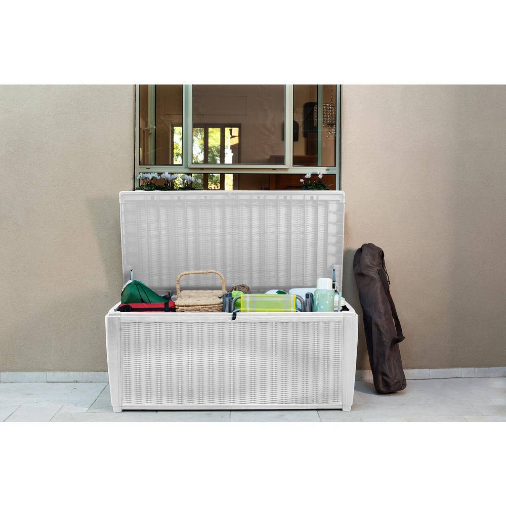 White Large Resin Wicker Lockable Deck Box