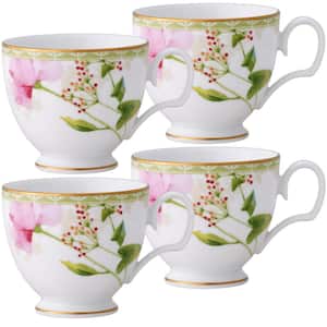 Poppy Place 8 fl. oz. (White and Pink) Porcelain Tea Cups, (Set of 4)