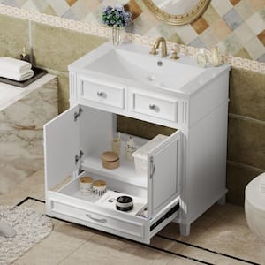 29.37 in. W x 17.87 in. D x 33.14 in. H Single Sink Freestanding Bath Vanity in White with White Resin Top and Storage