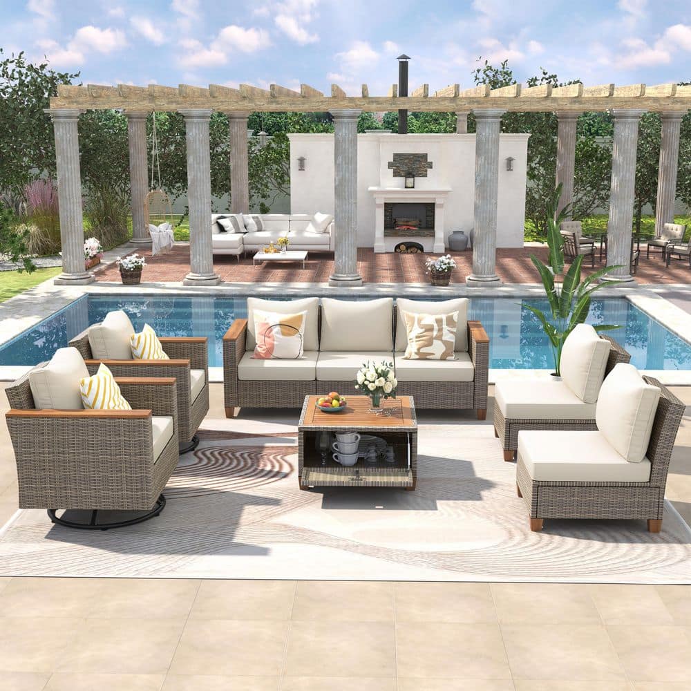 Brown 8-Piece Wicker Outdoor Sectional Set with Beige Cushions and Acacia S