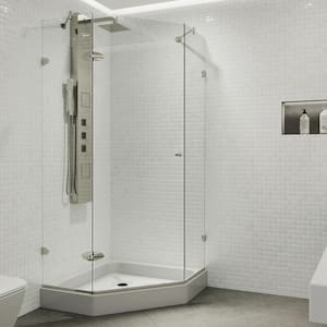 Verona 42 in. W x 79 in. H Neo Angle Pivot Frameless Corner Shower Enclosure in Brushed Nickel with Clear Glass and Base