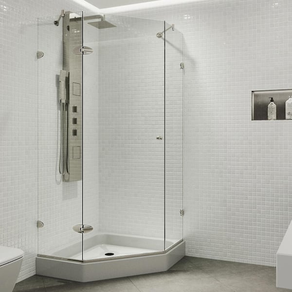 VIGO Verona 42 in. L x 42 in. W x 79 in. H Frameless Hinged Neo-angle Shower Enclosure Kit in Brushed Nickel with Clear Glass