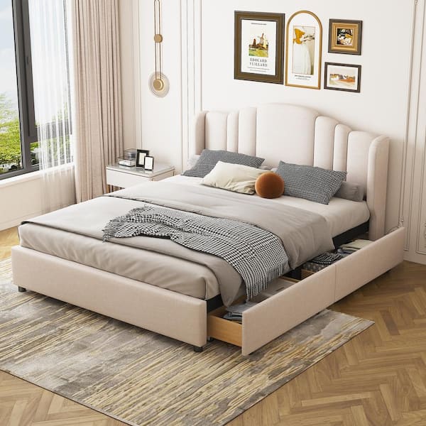 URTR Beige Wood Frame Upholstered Queen Size Platform Bed Frame with  Wingback Headboard and 4 Drawers,Linen Queen Storage Bed T-02108-A - The  Home Depot
