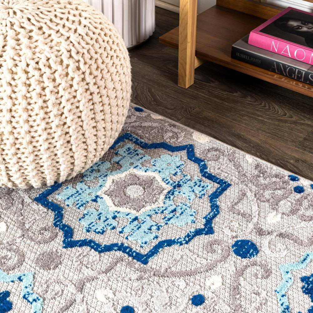 Blue and Gray Synthetic Medallion Reversible Area Rug