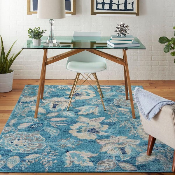 Tranquil Turquoise 5 ft. x 7 ft. Floral Modern Area Rug