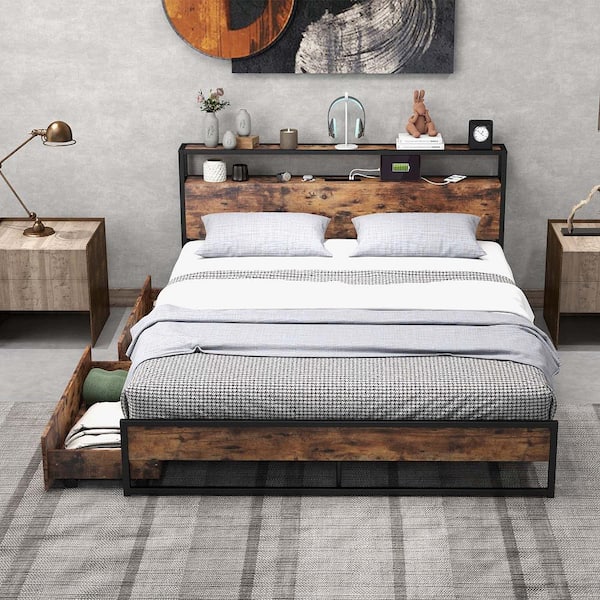 Rustic Brown Metal Frame Queen Industrial Platform Bed Frame with Drawer Storage Headboard Charging Station