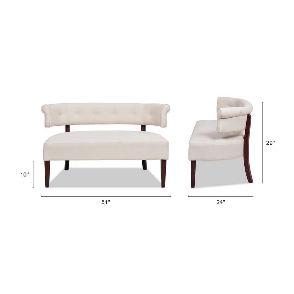 Jared Cream Tufted Pine Wood Roll Arm Settee Bench