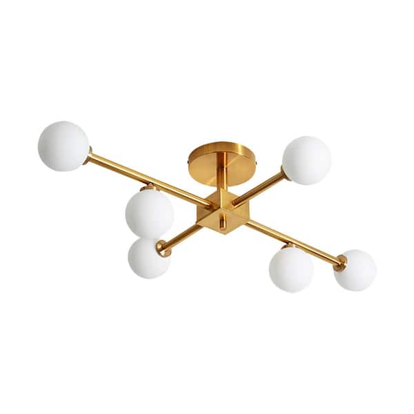 HUOKU Ceder 35.43 in. 6-Light Aged Brass Sputnik Semi-Flush Mount with Frosted Opal Glass Shade