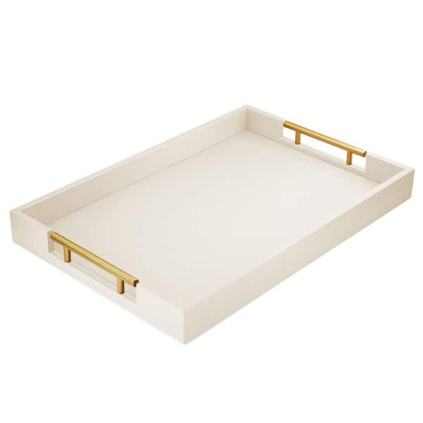 White 17 in. x 12 in. Wood Tray with Gold Handles-Decorative Serving Tray for Ottoman, Bathroom, or Vanity