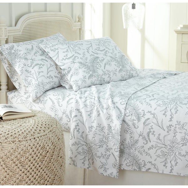 Southshore Fine Linens Winter Brush 4-Piece Teal Botanical on White Microfiber Queen Deep Pocket Sheet Set