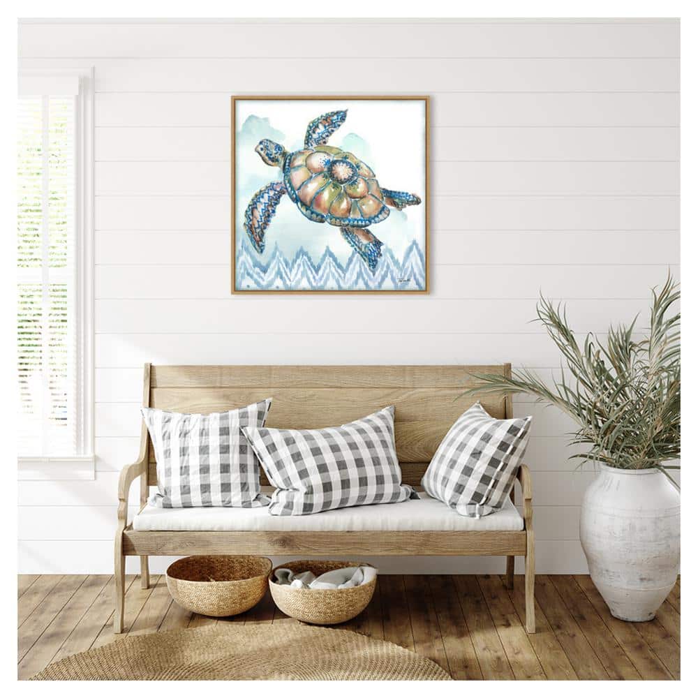 30"x30" Blue and Green Watercolor Sea Turtle Framed Canvas Wall Art