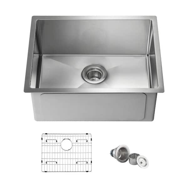 23 in. Undermount Single Bowl 16-Gauge Satin Stainless Steel Kitchen Sink with Bottom Grids, Strainer
