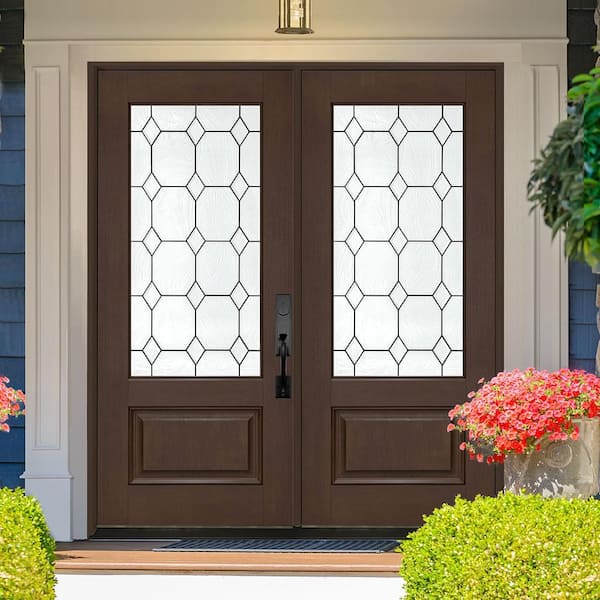 Regency 64 in. x 80 in. 3/4L Marquise Glass LHIS Hickory Stain Fiberglass Double Prehung Front Door with 4-9/16 Jamb