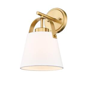 Z-Studio Linen Pendant 8 in. 1 Light Heritage Brass Wall Sconce Light with Ivory Fabric Shade with No Bulbs Included