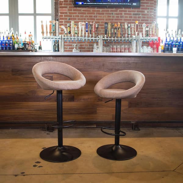 Classic Relaxed 32.5 in. Latte Polyester Fabric, Low Back, Black Metal, Adjustable Height Bar Stool (Set of 2)