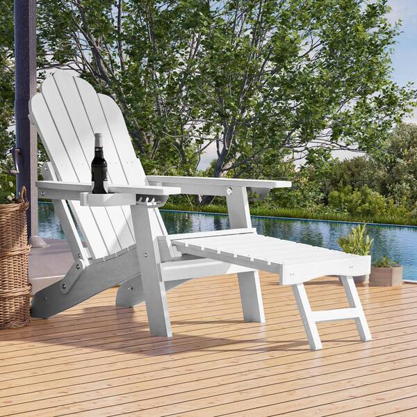 White Folding Adirondack Chair with Retractable Ottoman, HIPS Adirondack Chair with Cup Holder (Set of 1)