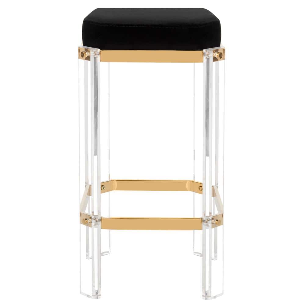 Black Acrylic and Brass Backless Bar Stool