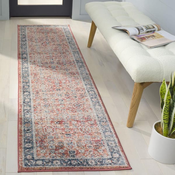 Vintage Tabriz 2 ft. x 8 ft. Rust/Blue Distressed Ornate Border Runner Rug