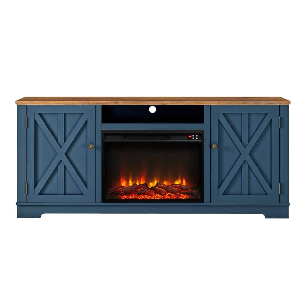 70 in. Farmhouse Wooden TV Stand with Electric Fireplace in Navy for TVs up to 75 in -  FESTIVO, FTS22319