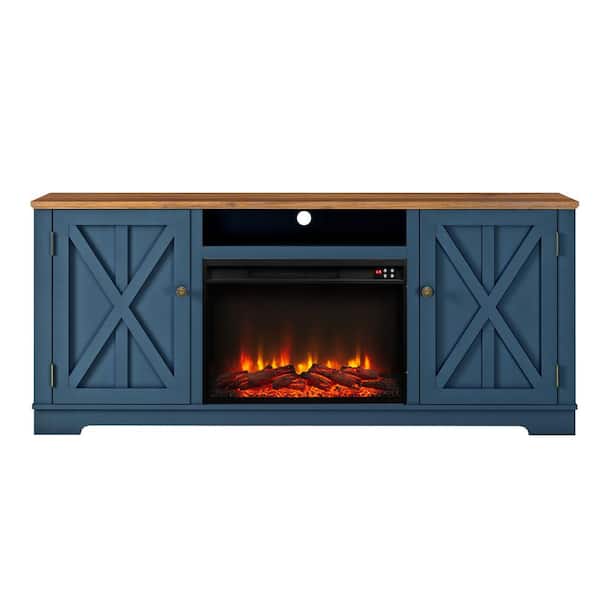 70 in. Farmhouse Wooden TV Stand with Electric Fireplace in Navy for TVs up to 75 in.