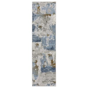 Emory Gray/Blue 2 ft. x 8 ft. Modern Marble Abstract Polypropylene Polyester Blend Indoor Runner Area Rug