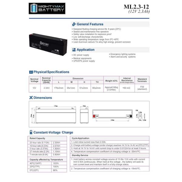 Mighty Max Battery 12-Volt 2.3AH F1 SLA Replacement Battery