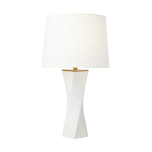 Lagos 16 in. W x 28.375 in. H White Leather 1-Light Dimmable Modern Table Lamp with White Linen Fabric Shade