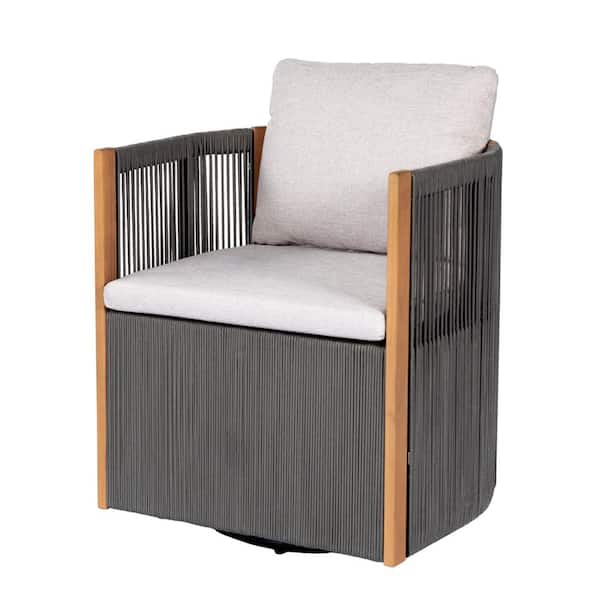 Cerys Grey Solid Wood and Rope Wicker Outdoor Patio Swivel Lounge Chair with Beige Cushions