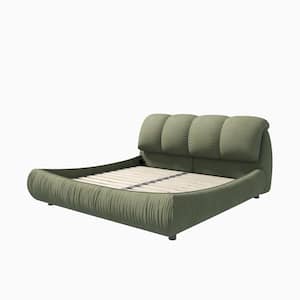 High End Green Wood Frame King Upholstered Platform Bed with Oversize Headboard, Thickened Slats, Pleating Bed Body