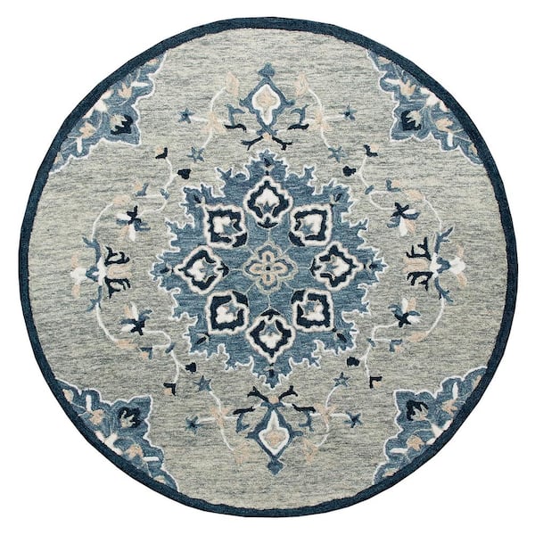 Unbranded Bella Gray/Blue 7 ft. 3 in. Round Eclectic Hand-Tufted Medallion 100% Wool Round Area Rug