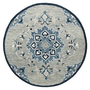 Bella Gray/Blue 3 ft. Round Eclectic Hand-Tufted Medallion 100% Wool Round Area Rug