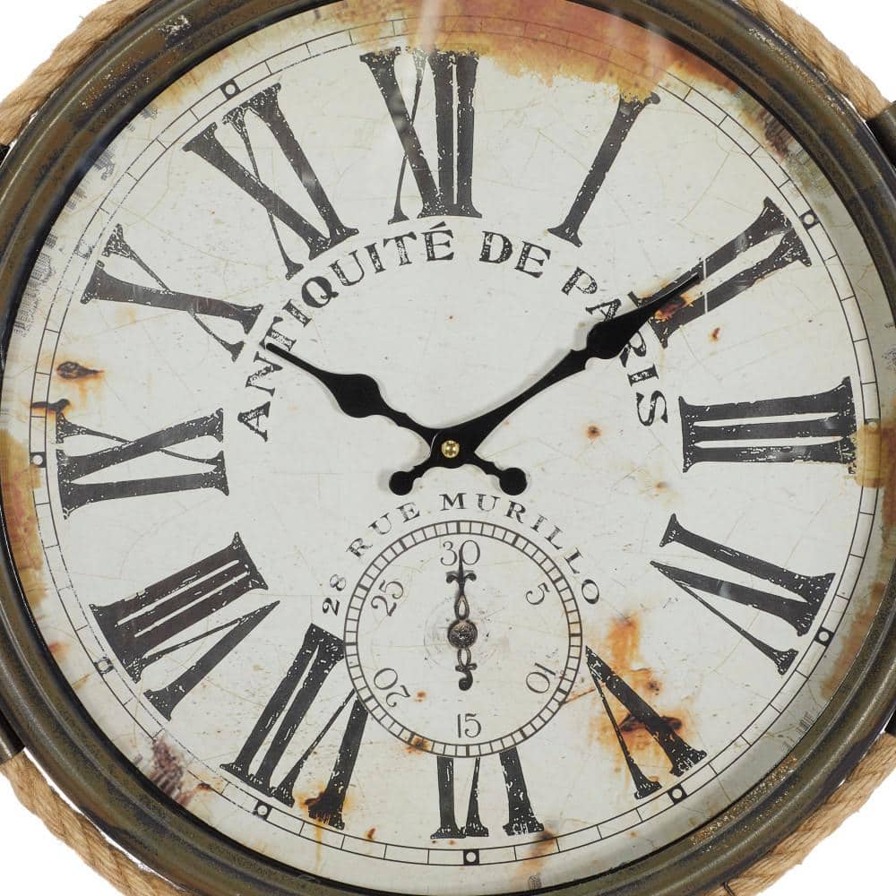 17" Brown Metal Wall Clock with Rope Frame and Distressed Cream Face