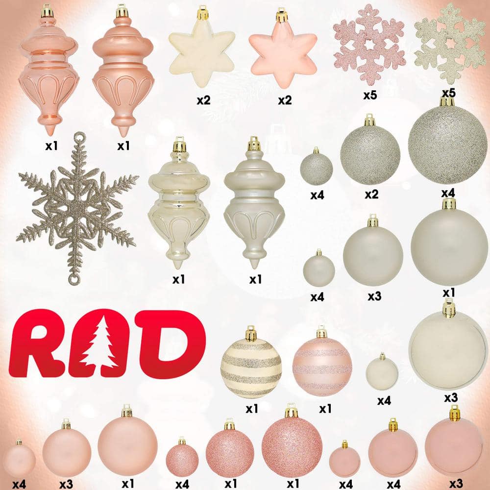 Assorted Gold and Rose Gold Plastic Christmas Ornament Set - 76 Pack
