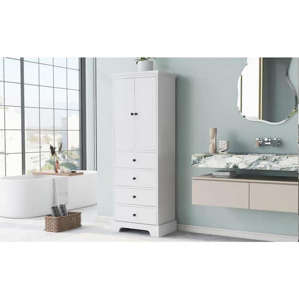 Unbranded 24 in. W x 16 in. D x 68 in. H White MDF Linen Cabinet with 2-Doors and 4-Drawers