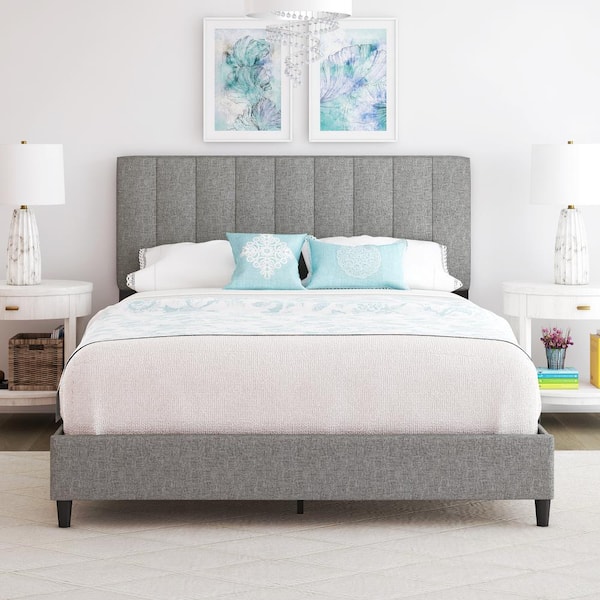 Boyd Sleep Leah Linen Panel Upholstered Platform Bed Frame, Grey, Full