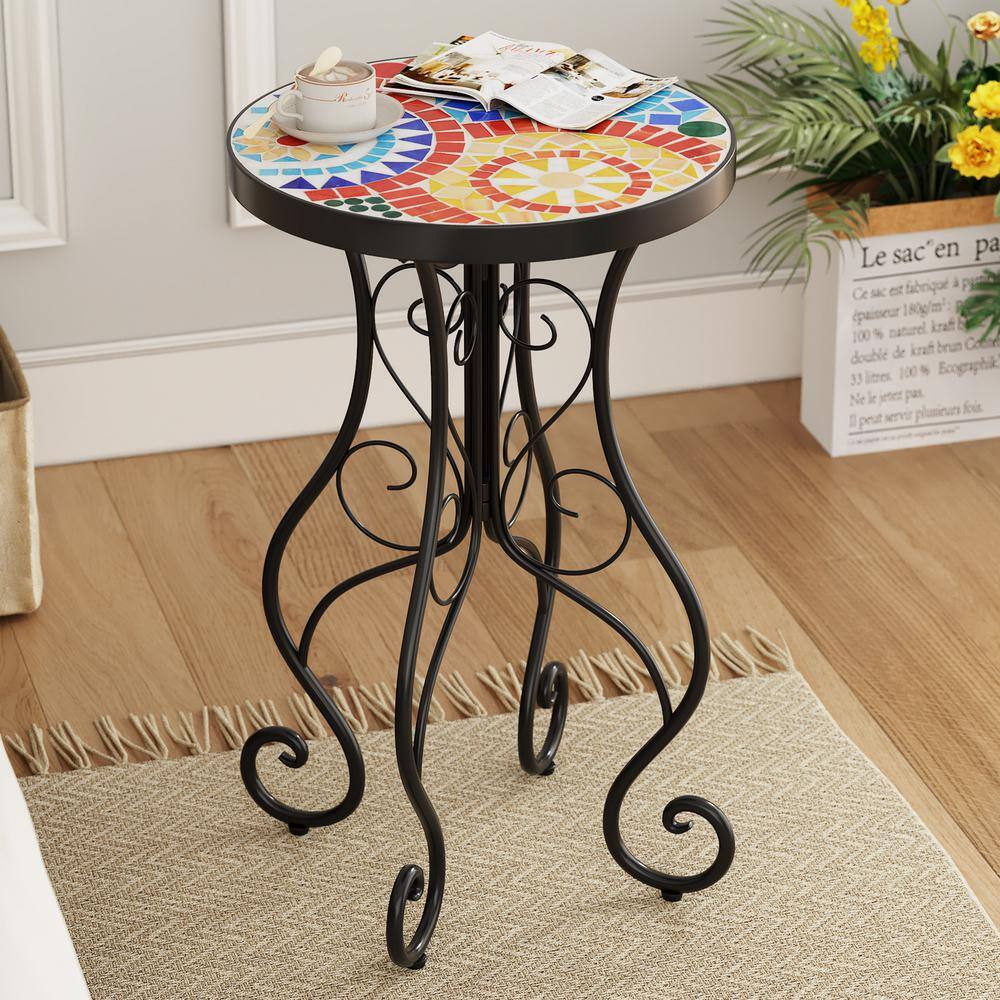 Colorful Ceramic Tile Floral Design Outdoor Accent Table with Black Iron Frame