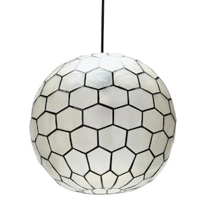 Simone 60-Watt 1 Light Black Globe 14 in. Pendant Light with Capiz Shade