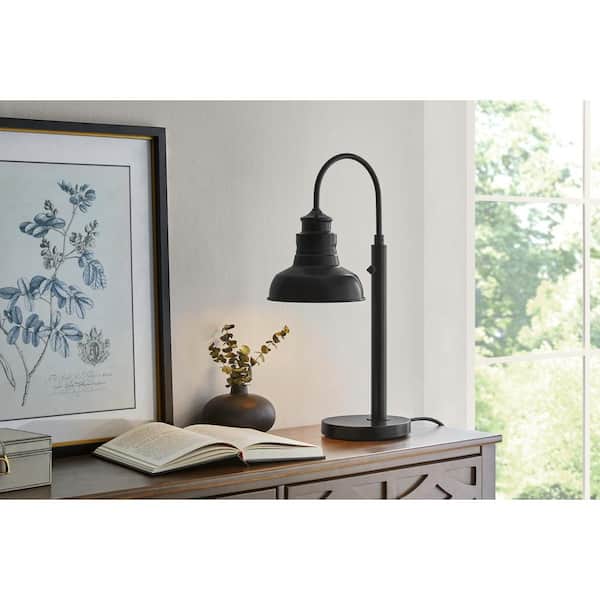 Hampton Bay Elmcroft 23.75 in. Matte Black Farmhouse 1-Light Plug-In Table Lamp for Outdoors with Metal Bell-Shaped Shade