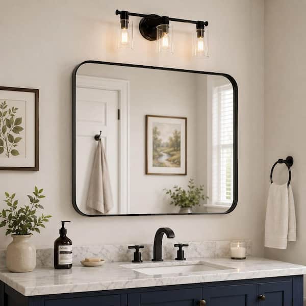 28 in. W x 36 in. H Rectangular Aluminum Framed Wall Bathroom Vanity Mirror in Black