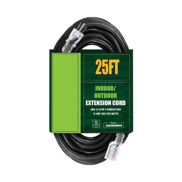 25 ft. 12 / 3 Heavy Duty Indoor / Outdoor Extension Cord with 3 Prong Grounded Plug, Black 1-Pack