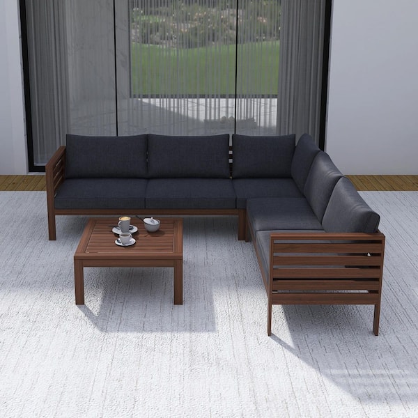 4-Piece Acacia Wood Patio Conversation Set with Gray Cushions