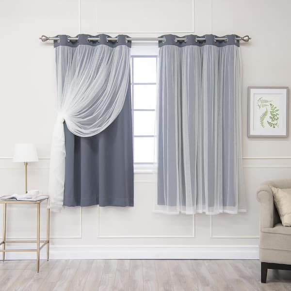Stone Tulle Lace Solid 52 in. W x 63 in. L Grommet Blackout Curtain (Set of 2)