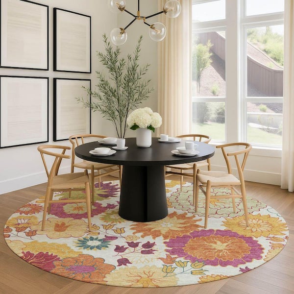 Chantille Machine Washable Indoor/Outdoor Abstract ACN2293 Ivory 8 ft. x 8 ft. Round Rug