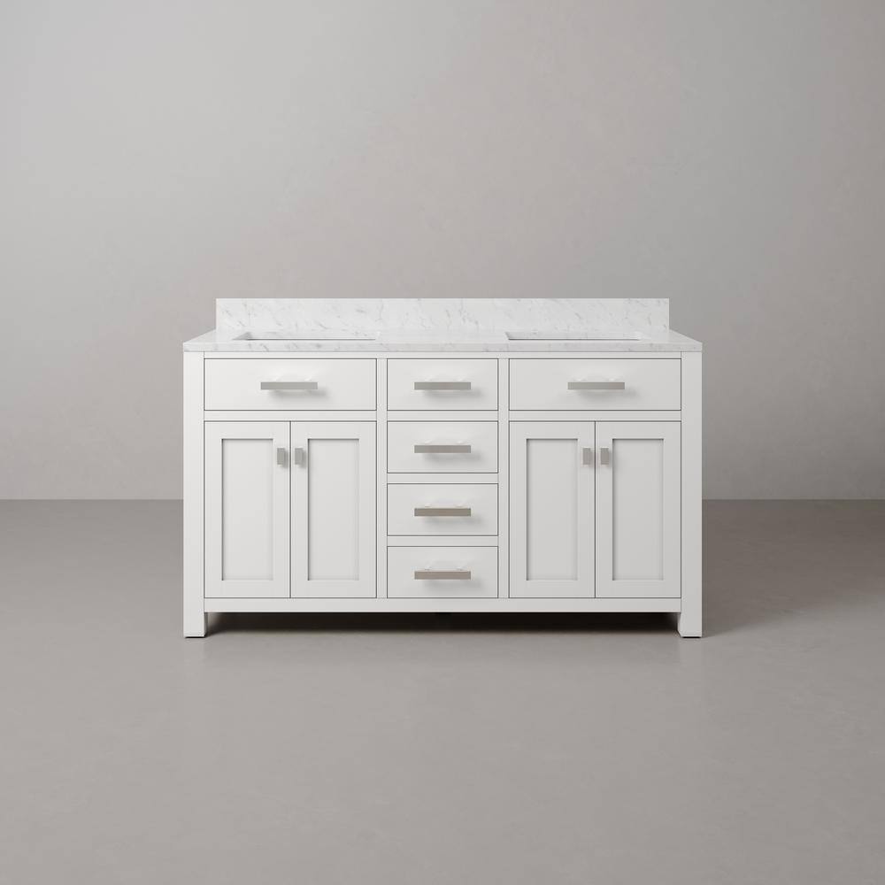 Madison 60" Pure White Double Sink Bathroom Vanity with Carrara Marble Top