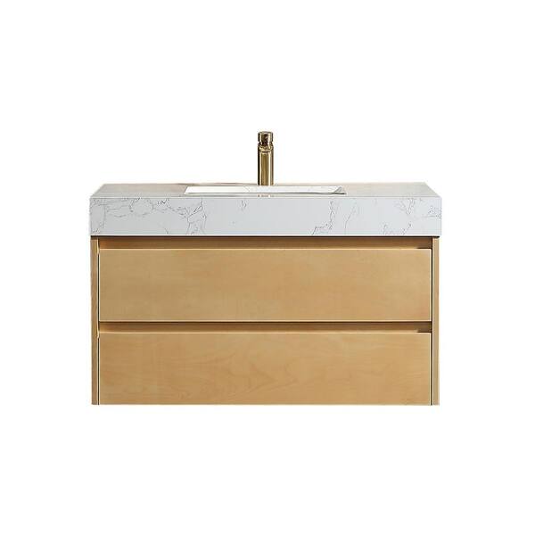 ES-DIY MarbleLux 36 in. W x 20.8 in. D x 21.2 in. H Wall Mounted Bath Vanity with 1-Sink in Birch Wood with White Marble Top