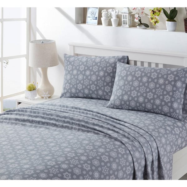 Morgan Home Snowflake Haze 4-Piece Gray Turkish Cotton Full Flannel Sheet Set